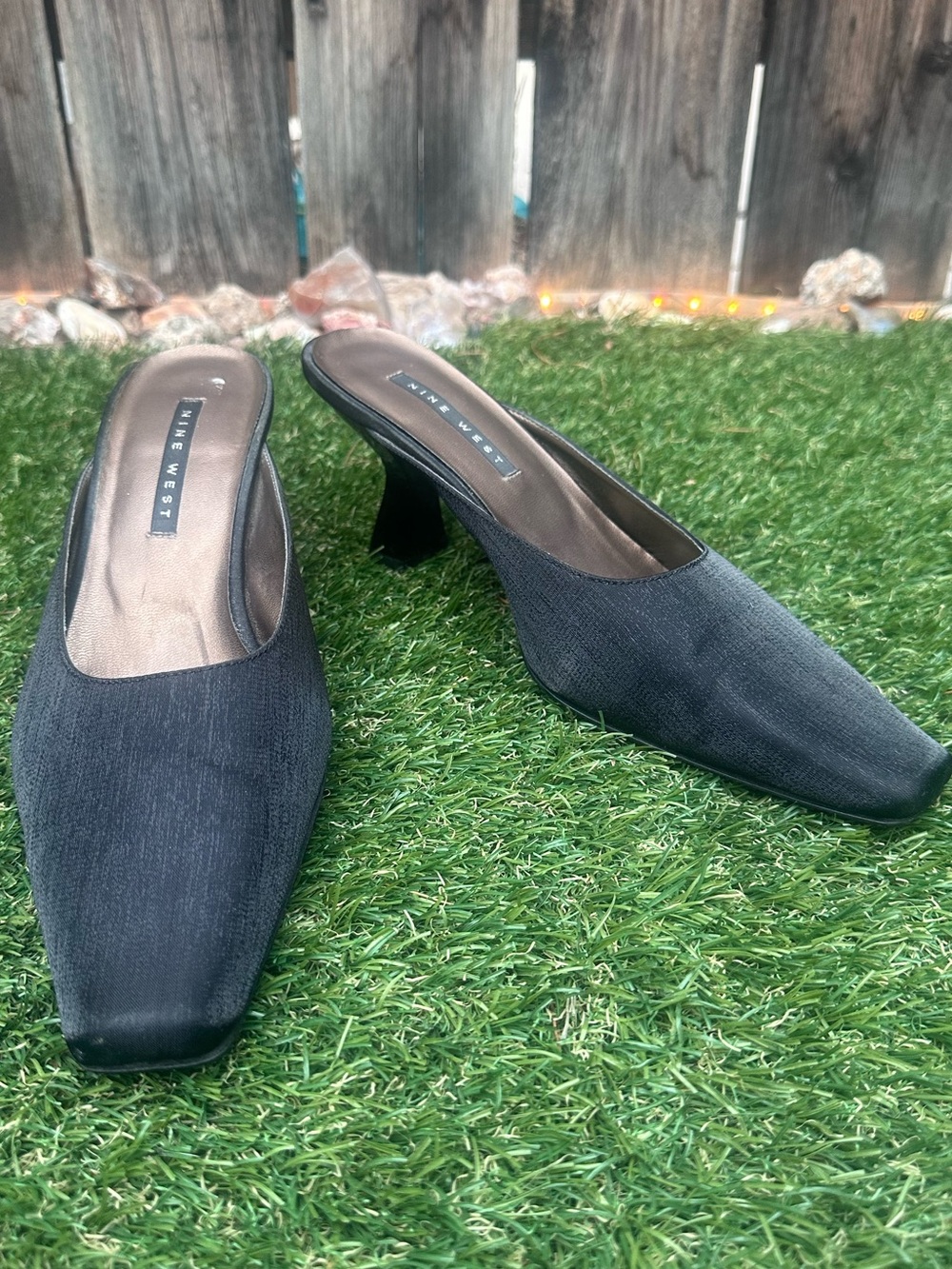 Nine West Black Satin Square-Toe Mule Kitten Heels
